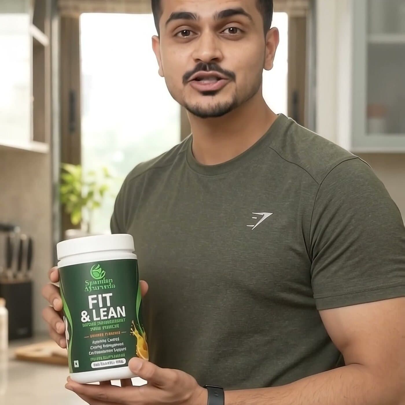 Creator in a kitchen holding the Fit & Lean jar beside an open snack packet
