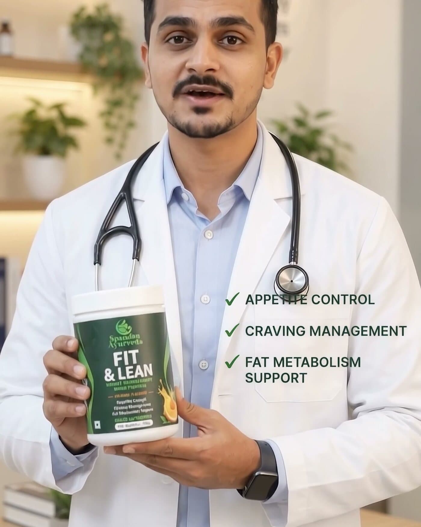 Ayurvedic practitioner holding the Fit & Lean jar, with appetite, craving and metabolism claims keyed beside him
