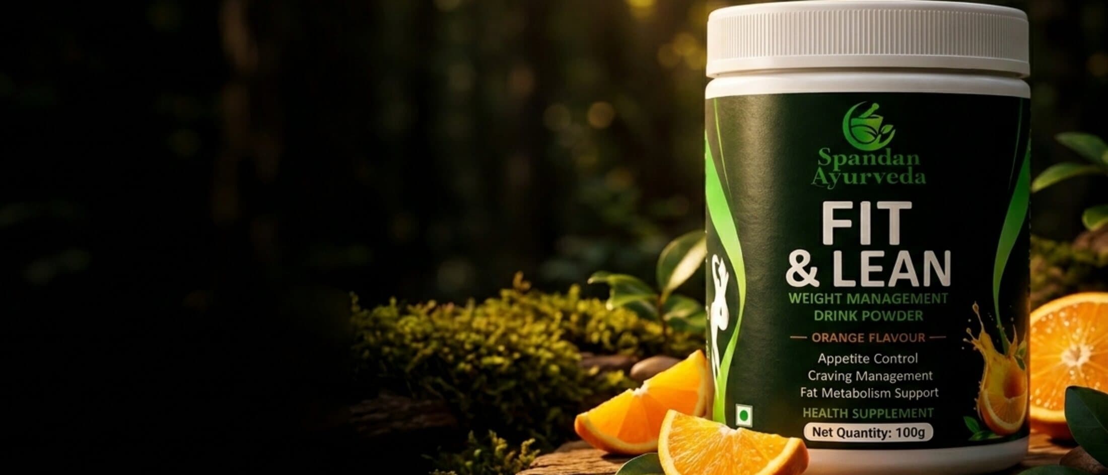 Spandan Ayurveda Fit & Lean jar backlit on a mossy log with cut oranges